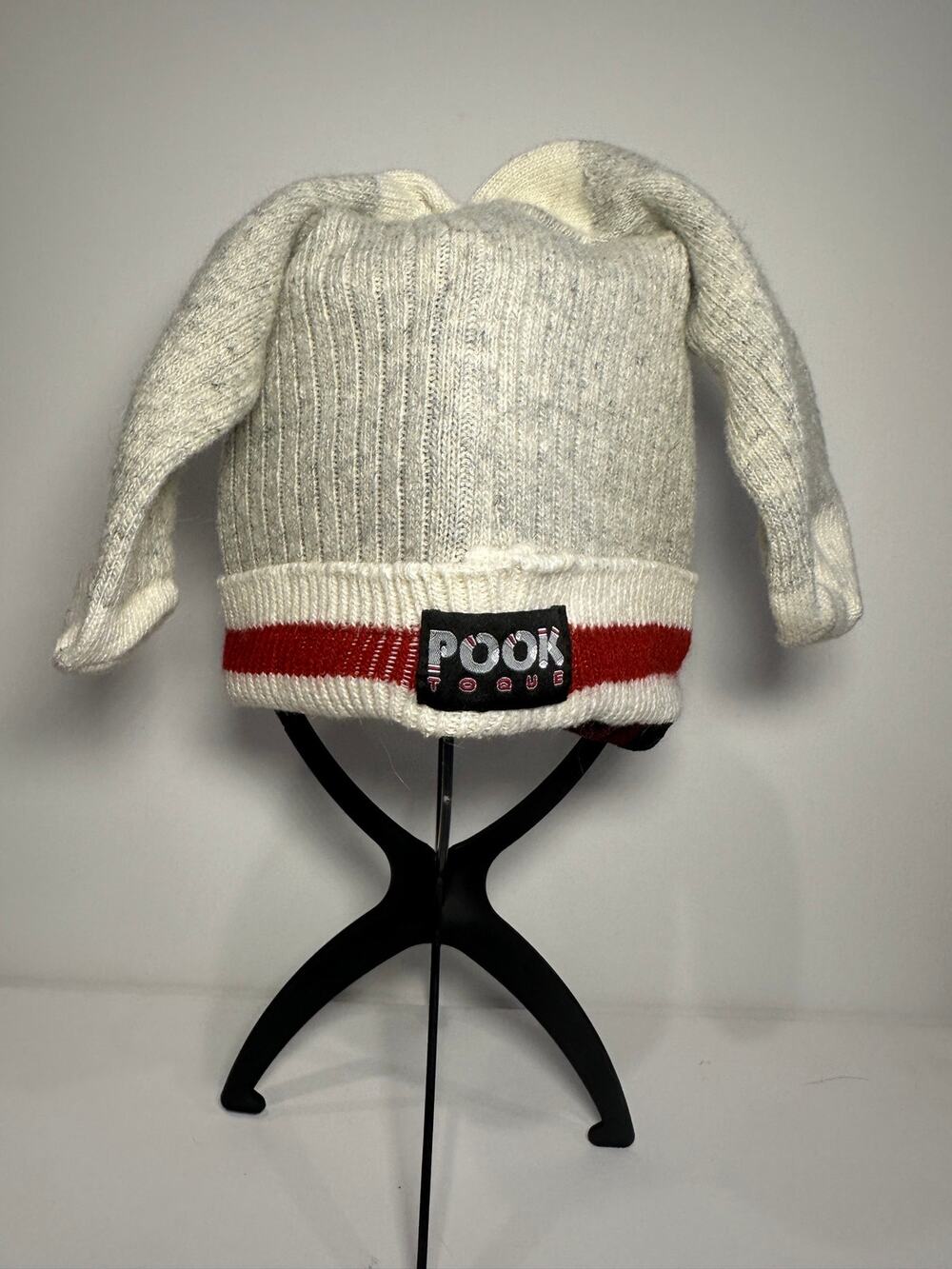 POOK Sock Monkey Toque Beanie Hat Bunny Ears Red Plaid Fleece Reversible OS